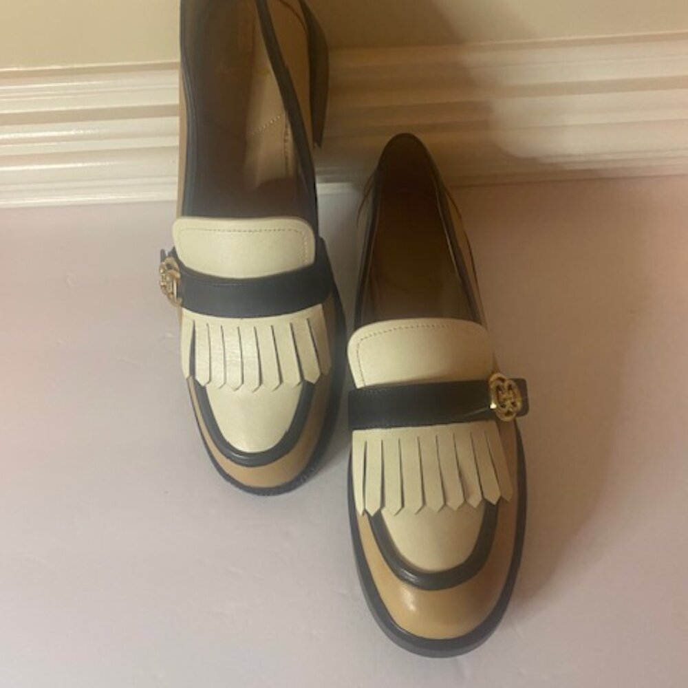 Sam Edelman Two-Tone Tan, Black & Cream Kiltie Loafers - Picture 3 of 7